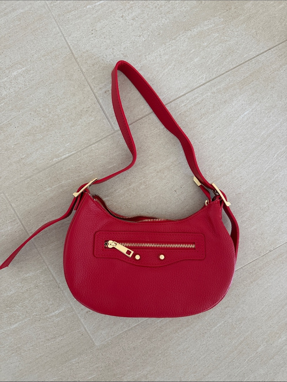 Red Leather Crescent Shoulder Bag